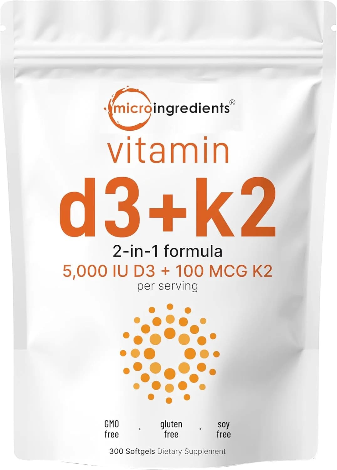 Vitamin D3 +K2 100 mcg, 5000 IU, 300 Softgels by Micro Ingredients