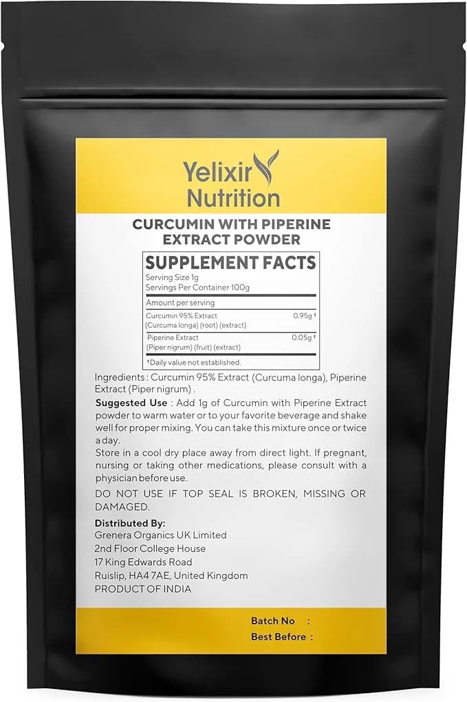 Yelixir Nutrition 95% Curcumin Turmeric Supplement with Piperine, 100 g