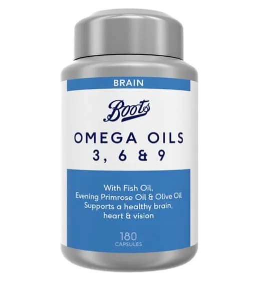 Boots Omega Oils 3 6 & 9 180 Capsules (6 month supply) بوتس ،زيت السمك، خليط من أوميجا 3 ,6 & 9 مع زيت الزيتون و زيت زهرة الربيع المسائى 180 كبسولة