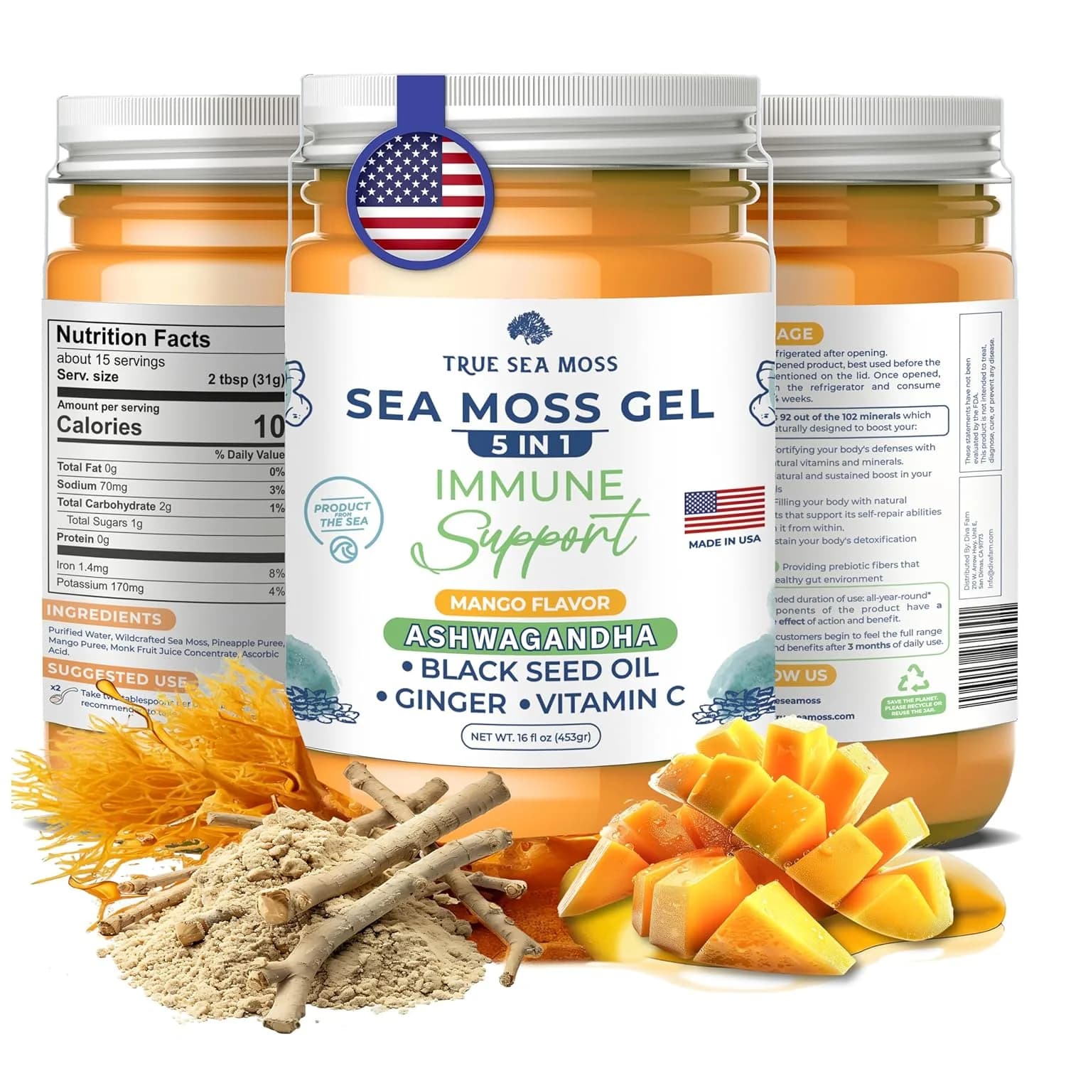 TrueSeaMoss Wildcrafted Irish Sea Moss Gel with Ashwagandha, Supports Health, Made in USA from Fresh Sea Vegetables  453gm
