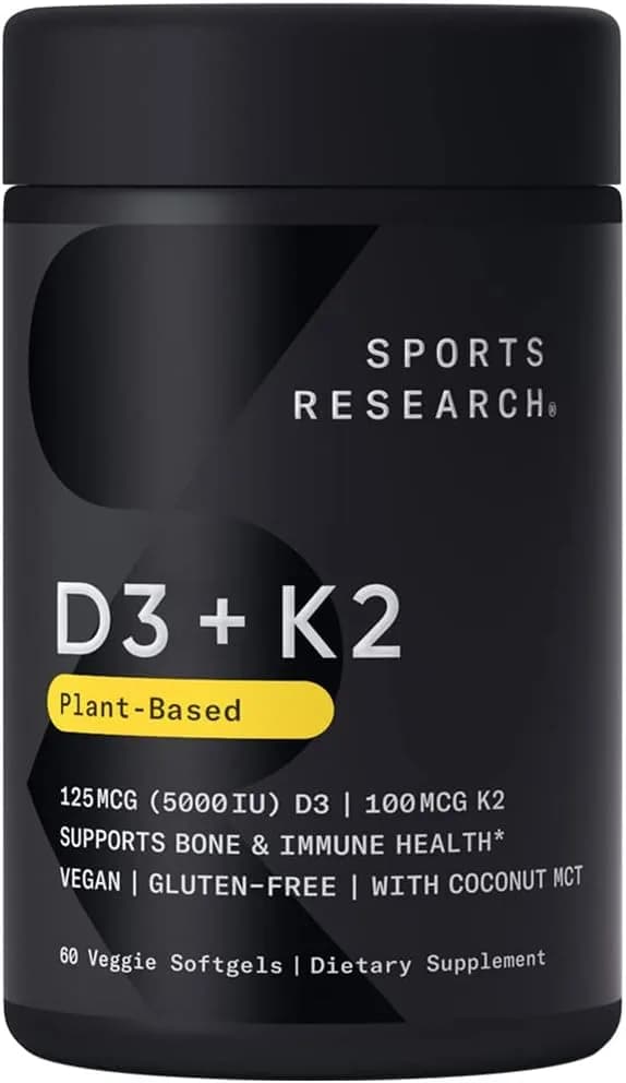 Sports Research Vegan Vitamin D3 + K2 Supplement with Organic Coconut Oil - 5000iu Vitamin D with 100mcg Mk7 Vitamin K, 60 Softgels for Adults  فيتامين دي3 بتركيز 5000وحدة + فيتامين ك2 بتركيز 100 ميكروجرام مع زيت جوز الهند العضوي من شركة سبورت ريسيرش, 60 كبسولة