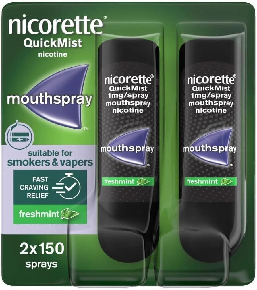 Nicorette Nicorette QuickMist Mouthspray, Freshmint (2 x 150 Sprays) Smoking or Vaping Cessation Aid, designed to start reducing cravings in 30 seconds (Quit Smoking or Quit Vaping Aid)