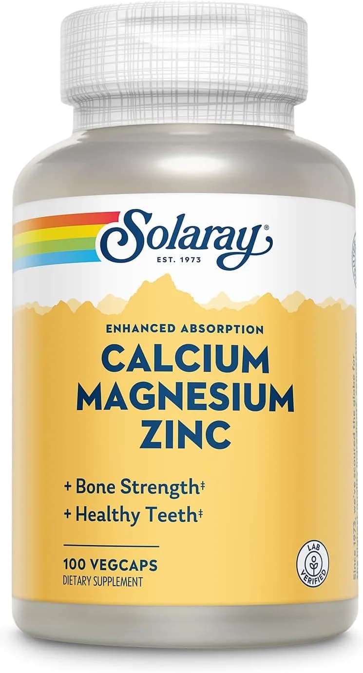 Solaray Calcium, Magnesium, Zinc | High Absorption with Glutamic Acid | Healthy Bones, Teeth, Nerve, Muscle, Heart & Immune Function Support | 100ct