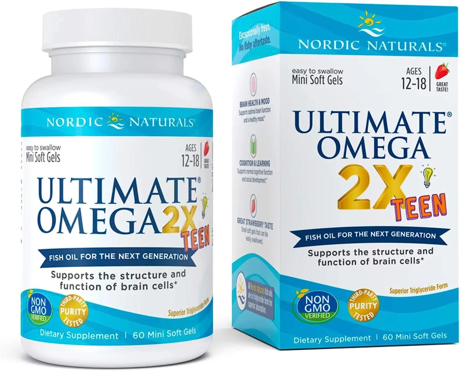 Nordic Naturals Ultimate Omega 2X Teen, Strawberry - 60 Mini Soft Gels - 1120 mg Total Omega-3s with EPA & DHA - Brain Health, Positive Mood, Social Development, Learning - Non-GMO - 30 Servings