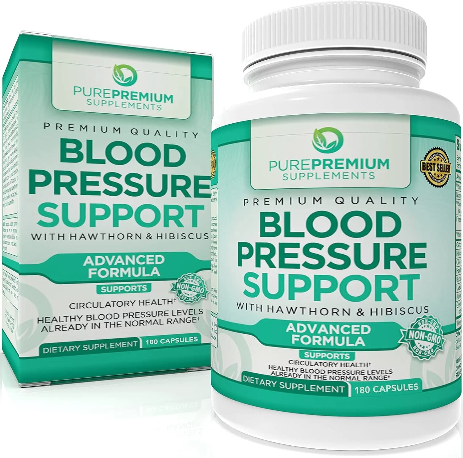 PurePremium Blood Pressure Support with Hawthorn & Hibiscus - for Cardiovascular & Circulatory Health - 180 Capsules
