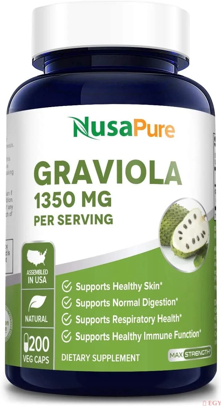 Nusapure Graviola 1350mg 200 Veggie Caps - Soursop Supplement - Healthy Skin & Helps Promotes Cell Growth, Respiratory System, Balanced Mood جرافيولا 1350 مجم ، لصحة نمو الخلايا ، ولصحة الجلد والجهاز التنفسى ، ولتحسين المزاج ، 200 كبسولة النباتية