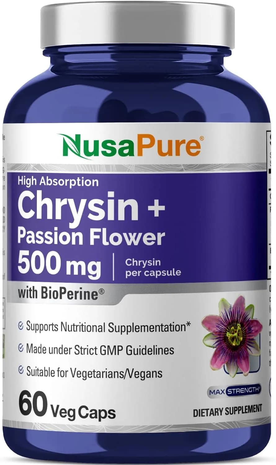 NusaPure Chrysin 500mg, 60 Veggie Capsules