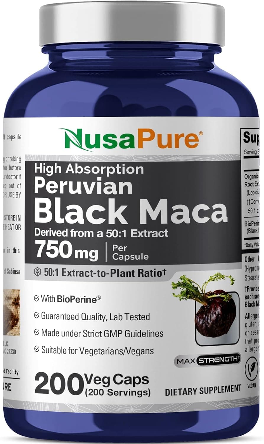 NusaPure Black Maca Root 750 mg | 200 capsules