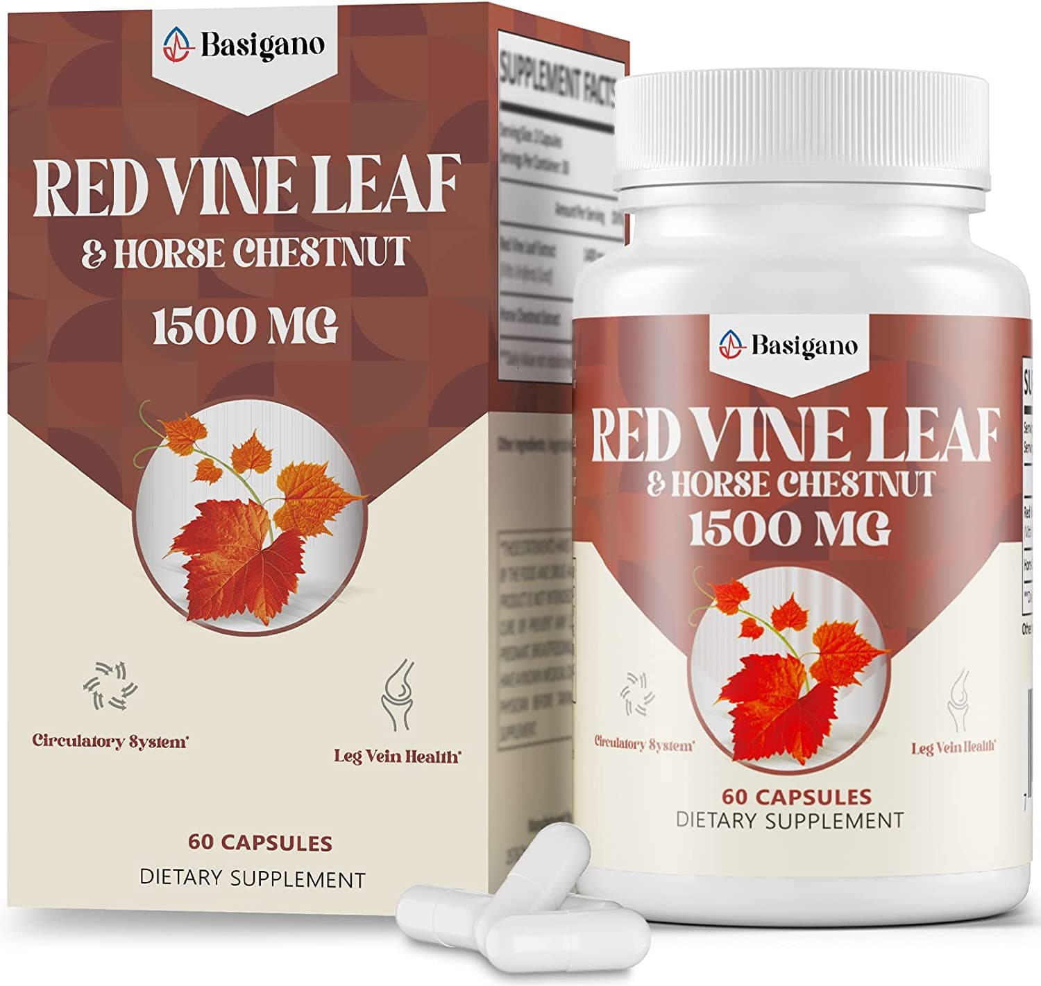 Basigano Red Vine Leaf &amp; Horse Chestnut | Natural Vein Support Formula 1500mg | 60 Capsules