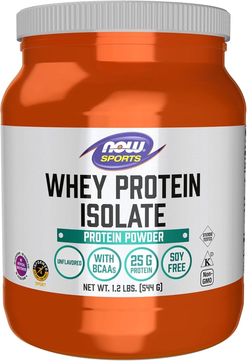 NOW Sports Whey Protein Isolate - 25g Protein with BCAAs | Unflavored Powder |1.2 lb (544g)