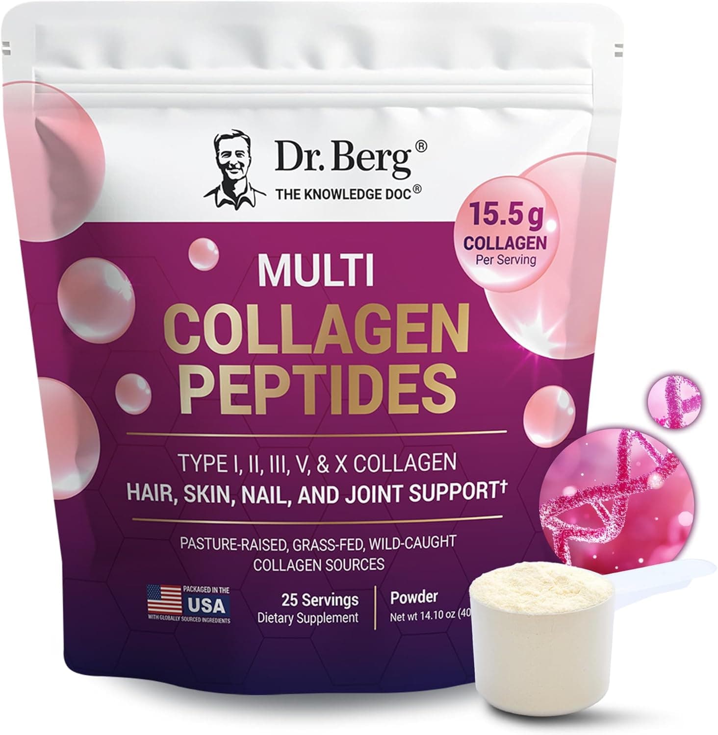Dr Berg's Dr. Berg Multi Collagen Peptides Powder – Grass-Fed, Pasture-Raised &amp; Wild-Caught Collagen Sources – 25 Servings
