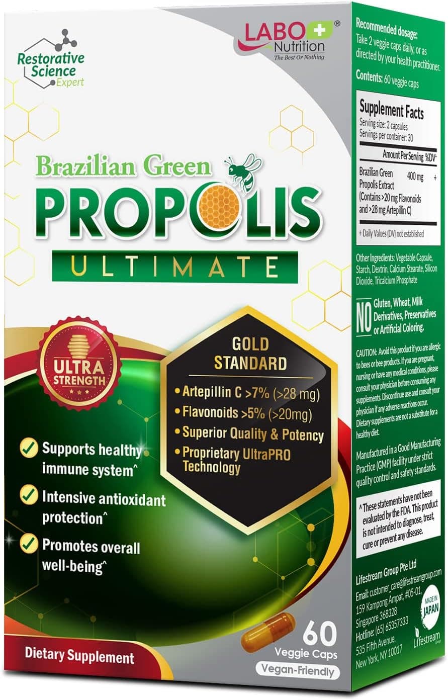 LABO Nutrition Brazilian Green Propolis Ultimate | >7% Artepillin C | 60 Caps