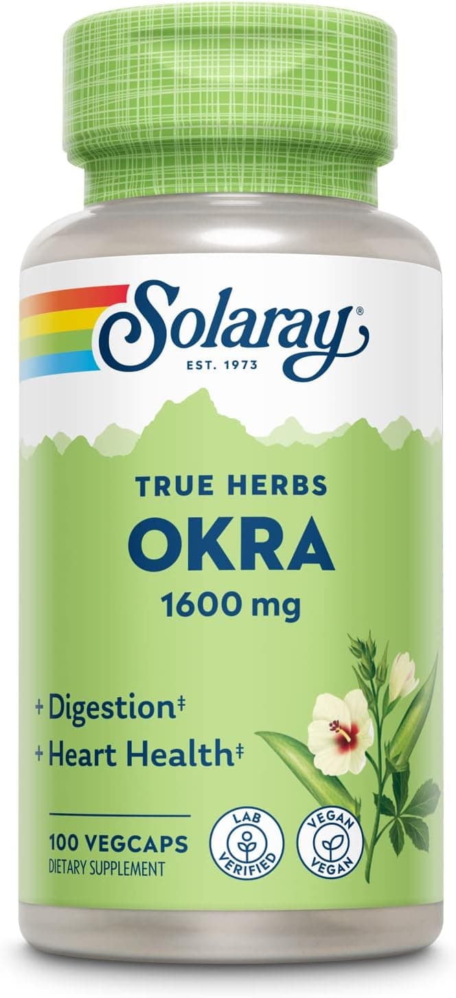 SOLARAY Okra Fruit 1600 mg, Healthy Digestion, Regularity & Cardiovascular Support, Soluble Fiber, 25 Serv, 100 VegCapsمستخلص الباميه لتحسين صحة القلب والجهاز الهضمي تركيز 1600مجم عبوه 100 كبسوله
