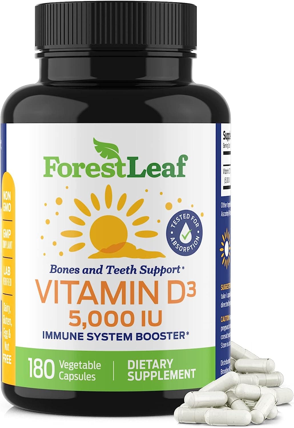 ForestLeaf - Vitamin D3 5,000 IU Supplement - Vegetable Vitamin D Capsules for Bones, Teeth, and Immune Support - Easy Swallow Pure Vitamin D3 5000 (5,000 IU - 180 Count)