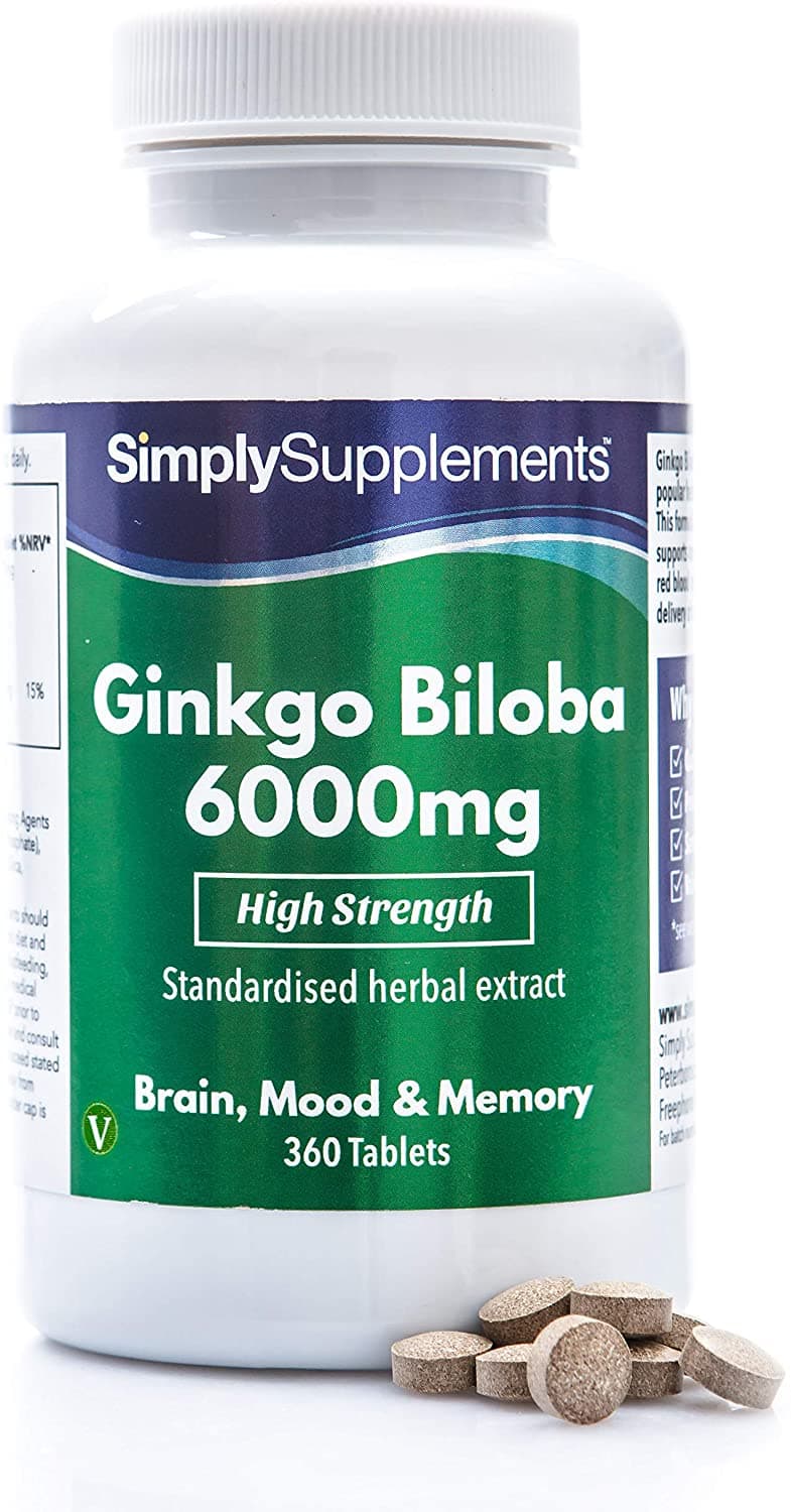 Ginkgo Biloba Tablets Supports Circulation and Mental, 6000 mg, 360 Tablets by Simply Supplements