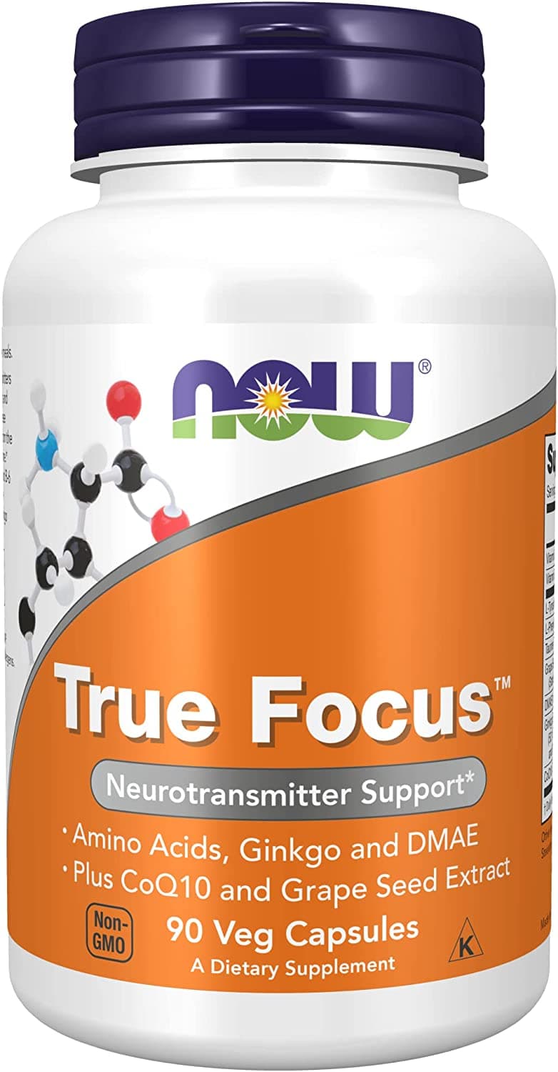 NOW Supplements, True Focus™ with Amino Acids, Ginkgo, DMAE + CoQ10 and Grape Seed Extract , 90 Veg Capsules