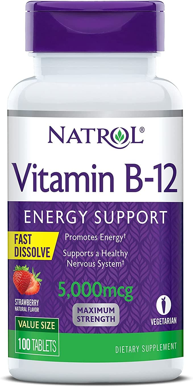 Natrol Vitamin B12 Fast Dissolve Tablets, Promotes Energy, Supports a Healthy Nervous System, Strawberry Flavor, 5,000mcg, 100 Count