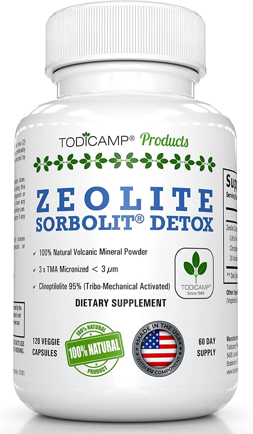 TODICAMP Zeolite Detox - Zeolite Capsules Sorbolit Ultra FINE 1-2 µm - Zeolite Clinoptilolite Powder 95% - 3X Activated - 120 Capsules - Zeolite Powder Supplement - 2 Months Supply