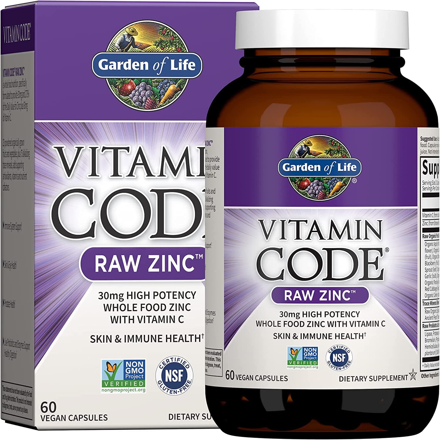 Garden of Life Zinc Supplements 30mg High Potency Raw Zinc and Vitamin C Multimineral Supplement, Vitamin Code Vitamins Trace Minerals & Probiotics for Skin Health & Immune Support, 60 Vegan Capsules