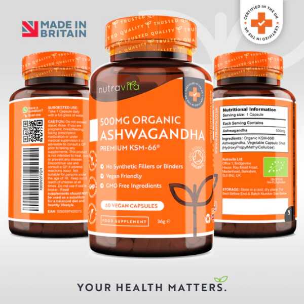 Nutravita Ashwagandha 500mg , Ashwanghanda KSM-66 جذور الأشواجندا العضوية ، 500 مجم من الأشواجندا ك اس ام 66 ، 60كبسولة 3.100 EGP Fast n' Free Shipping SKU: 9633 Categories: Energy & Stamina, Sleep Aid Tags: Gluten-Free, Natural, NON GMO, Organic, Vegan جذور الأشواجندا ك س م 66 العضوية تحتوى على المكون النشط ويثانوليد 5% تساعد الاشوجندا على زيادة هرمون التستوستيرون ، وزيادة الخصوبة للرجال ، وزيادة الرغبة الجنسية تساعد فى زيادة الكتلة العضلية تعمل الأشواجندا على تقليل الكوليسترول الضار والدهون الثلاثيه ، كما تعمل على خفض مستوى سكر الدم تحسن صحة الجهاز المناعى تعمل على تحسين المزاج وزيادة مستويات الطاقة علبة إقتصادية تكفى شهران WHY NUTRAVITA’S ORGANIC ASHWAGANDHA SUPPLEMENT? – Our supplement contains 500mg of Ashwanganda full spectrum root extract per serving and comes with a 2 month supply as you only need to take 1 capsule daily to get the natural and premium Ashwagandha KSM-66. WHY TAKE ORGANIC ASHWANGANDA KSM-66? – Ashwanghanda (also known as Indian Ginseng or Withania Somnifera) is one of the most important adaptogenic herbs in ancient traditional Hindu medicine, Ayurveda. The Ashwagandha powder used in the making of our supplement is sourced from organic farmlands in India and have undergone a series of rigorous tests for our product to acquire Organic Certification by Soil Association, UK’s leading organic food and farming certification body. WHO CAN TAKE NUTRAVITA’S ASHWAGHANDA? – Our high strength Ashwanghanda capsules have been designed to be suitable for all adult men and women. Furthermore, our capsules are suitable for vegetarians and vegans, as well as being free from GMO, gluten, lactose, and wheat. It is organic, pure and absolutely FREE from binders, fillers and excipients. WHICH INGREDIENTS ARE USED IN NUTRAVITA? – We have a dedicated team of pharmacologists, chemists & research scientists working to source the finest and most beneficial ingredients, allowing us to provide high strength vitamins & supplements. Our supplements contain no artificial colours or flavours, are GMO free and free from allergens such as Gluten, Wheat, Lactose and nuts. WHAT IS THE STORY BEHIND NUTRAVITA? – Nutravita is a family business established in the UK in 2014 – since then we have become a recognised & trusted Vitamins & Supplements brand by our customers across the world. Our products are high quality – everything we manufacture is made & certified in the UK and safeguarded by the highest manufacturing standards in the world (GMP, BRC).